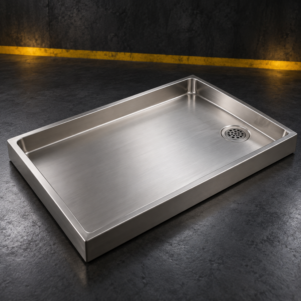Imagen conceptual ilustrativa de un plato de ducha camper en acero inoxidable.